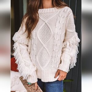 &Merci Cable Knit Fringe Sweater